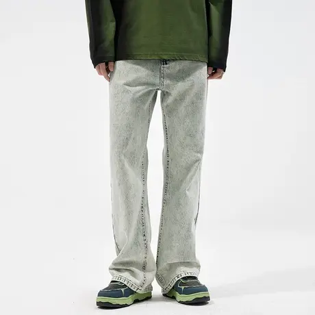 美式浅色牛仔裤男直筒潮牌宽松长裤春秋季水洗做旧阔腿拖地裤男商品大图