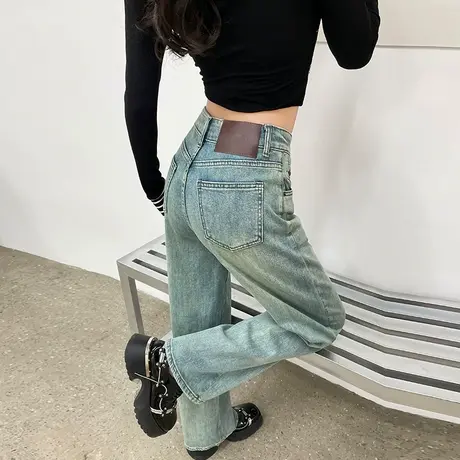 复古水洗窄版阔腿牛仔裤女2024年春季新款宽松垂感显瘦直筒拖地裤图片