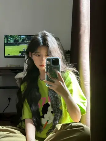 荧光绿纯棉短袖t恤女夏美式复古潮牌小众设计感宽松oversize上衣商品大图