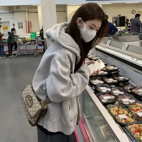 连帽拉链开衫灰色卫衣女秋冬新款宽松美式复古高级感oversize外套图片