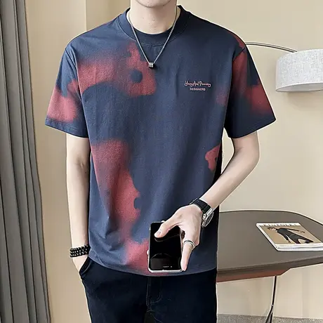 短袖T恤男夏季ins设计感个性撞色渐变迷彩上衣轻熟休闲半袖T恤衫图片