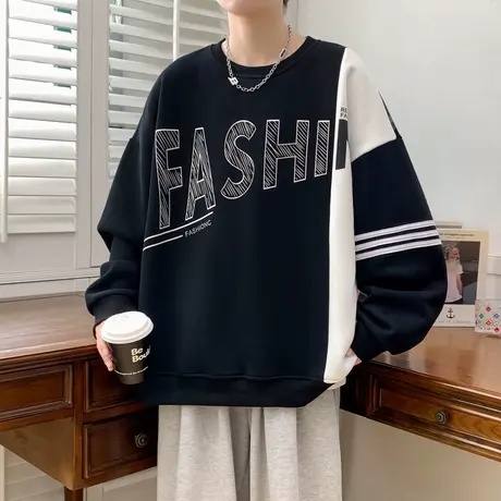 拼接撞色2024春秋新款卫衣男大码重磅纯棉长袖T恤套头打底衫上衣图片