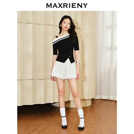 MAXRIENY精致复古感高腰a字裤裙2024春季新品米白直筒短裤图片