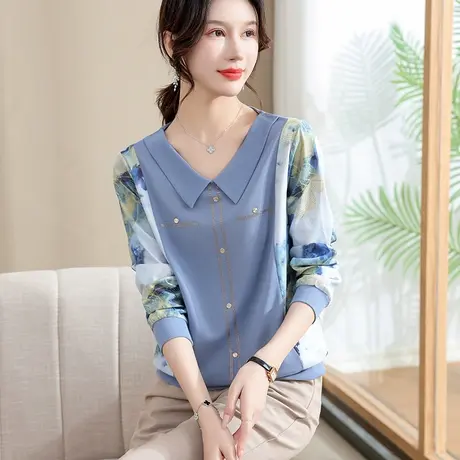 妈妈春装上衣新款小衫中年妇女打底衫中老年女装春秋长袖雪纺衬衫图片