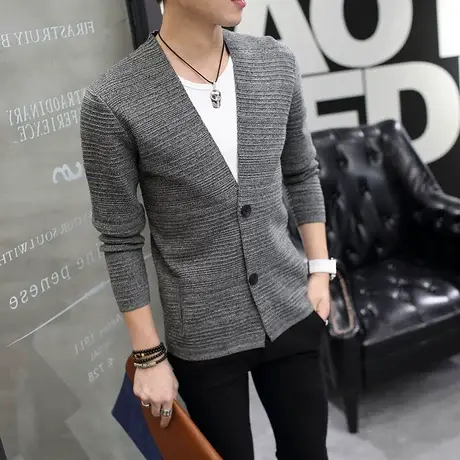 男士毛衣外套修身韩版潮流百搭V领开衫男针织衫长袖薄款帅气外穿商品大图