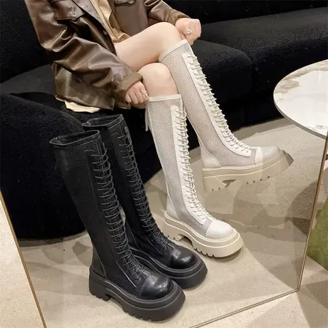 长筒靴女2024年春夏季新款网面显瘦透气不过膝靴厚底高跟骑士靴潮图片
