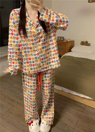 原田治全棉磨毛卡通印花小翻领宽松睡衣可爱家居服长袖上衣商品大图