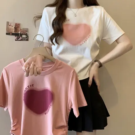 爱心印花短袖T恤女夏季韩版修身显瘦百搭抽绳收腰短款半袖上衣潮商品大图