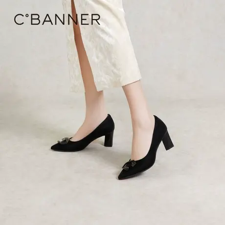 千百度羊皮粗高跟鞋女2024春季新款浅口尖头法式单鞋女通勤正装图片