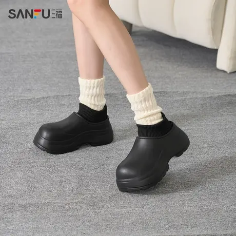 三福休闲鞋女冬季新款厚底增高雨鞋大头袜套毛绒百搭松糕鞋824340商品大图