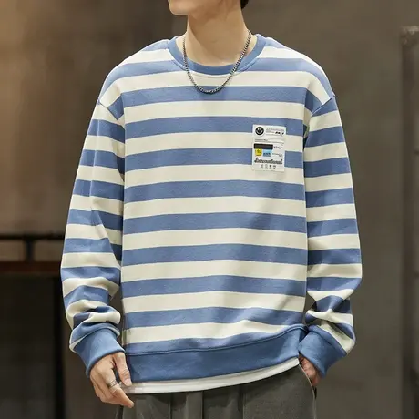 男士高端潮牌秋季条纹撞色圆领卫衣春秋款男装假两件重磅长袖上衣图片