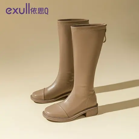 依思Q秋冬季新款2023年圆头不过膝后拉链女靴韩版粗跟时尚女子靴商品大图