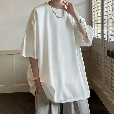 冰丝短袖t恤男款夏季七分袖男宽松华夫格T恤260g重磅短袖美式体恤商品大图