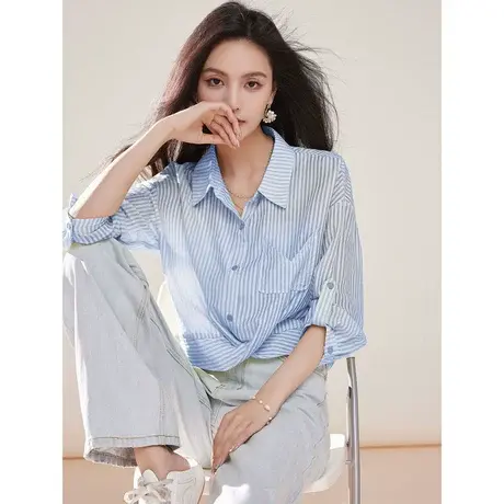 时尚气质条纹短袖衬衫2023年夏季新款女士翻领显瘦通勤七分袖上衣商品大图