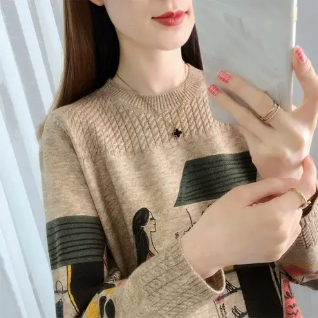 圆领宽松打底衫2023年春季新款女套头上衣针织衫女士洋气毛衣外穿商品大图