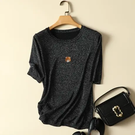 清仓！冰丝t恤女短袖夏装2023新款潮上衣短款宽松针织打底衫亮丝商品大图