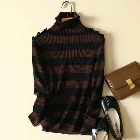 堆堆高领毛衣打底衫女士内搭秋冬2023年新款条纹洋气加厚针织上衣商品大图