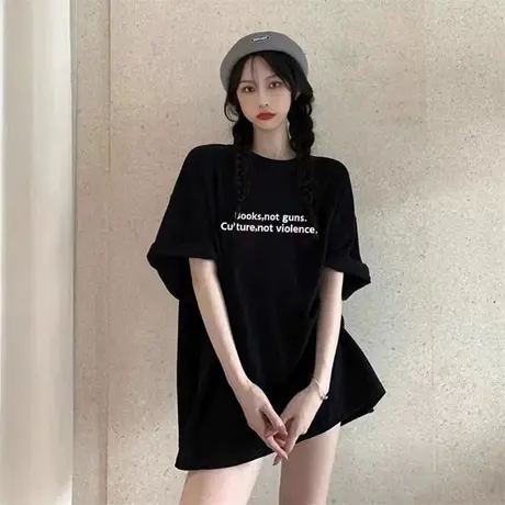 短袖t恤纯棉白色女夏季新款韩版中长款遮屁股宽松美式纯棉体恤ins商品大图