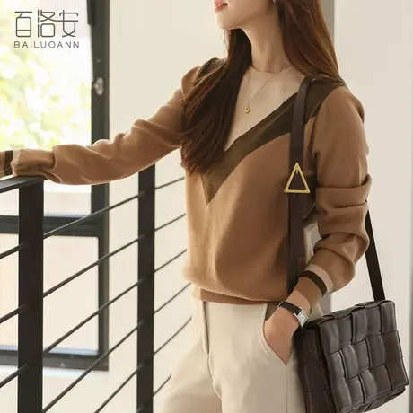 【直播专享】时尚拼色针织衫女宽松长袖套头衫秋气质圆领百搭上衣图片