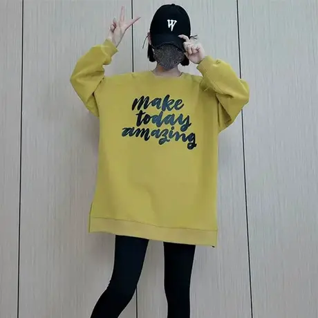 欧货大版后背字母熊印花外穿长袖t恤卫衣女春秋款宽松开叉打底衫商品大图