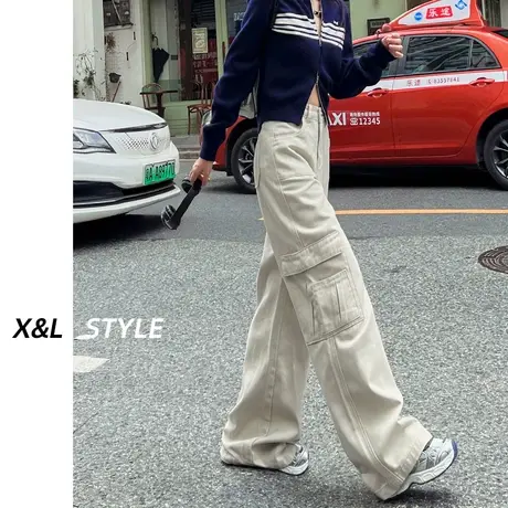 米白美式工装裤女秋2023新款秋显瘦宽松休闲百搭辣妹阔腿直筒裤子图片