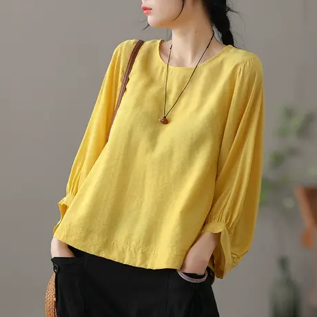 dza复古薄款七分袖上衣女士夏季新款短袖t恤女宽松休闲体恤打底衣商品大图