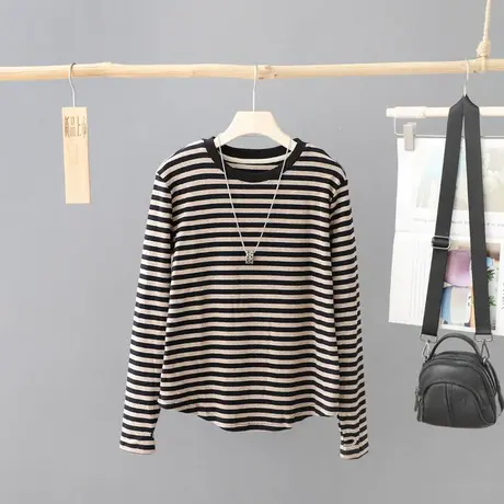 秋季新款小清新条纹上衣女长袖圆领内搭减龄显瘦打底衫t恤女装潮图片