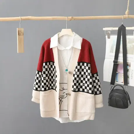 小众棋盘格子针织开衫女长袖秋装2023年新款宽松外套毛衣休闲上衣图片