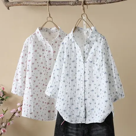夏装文艺小清新碎花双层纱纯棉七分袖衬衫女学生宽松百搭中袖上衣商品大图