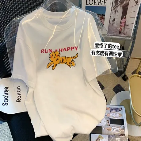 夏季新款白色纯棉短袖t恤女简约韩版宽松大码上衣中长款时尚百搭商品大图