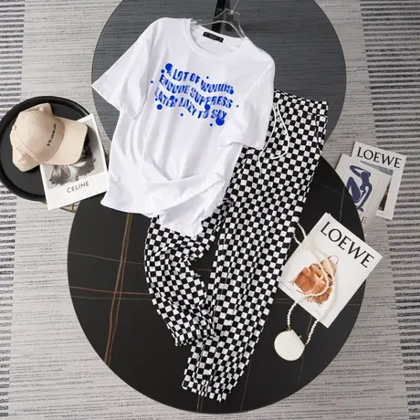 纯棉大码运动服套装女夏季薄款宽松短袖长裤小个子时尚休闲两件套图片