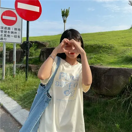 红续ins潮ulzzang慵懒风盐系少女宽松百搭字母纯棉短袖T恤上衣图片