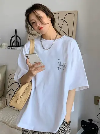 宽松仿棉短袖t恤女士夏装新款漂亮别致上衣小众设计感流行印花潮商品大图