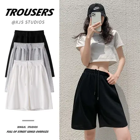 黑色运动短裤女夏宽松高腰薄款直筒学生中裤休闲阔腿5五分裤夏季商品大图