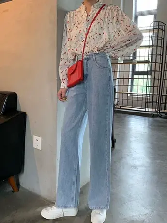 清仓捡漏春秋季宽松高腰浅色阔腿裤直筒裤子女小个子牛仔裤显瘦商品大图