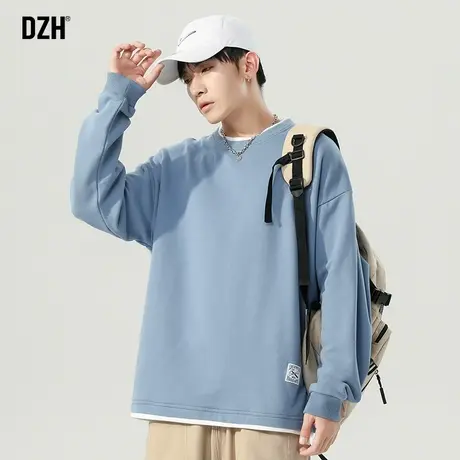 男生雾霾蓝t恤男长袖潮牌重磅男装2023年新款假两件卫衣宽松圆领商品大图
