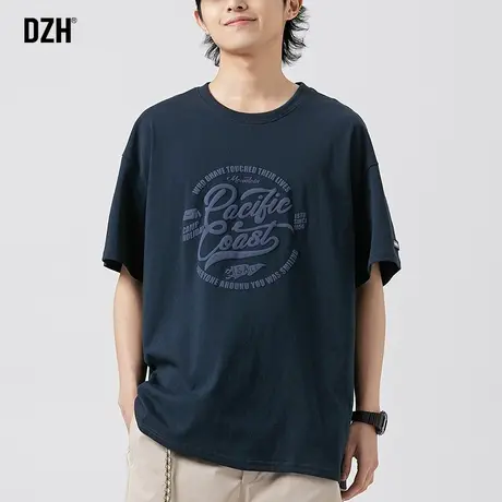 男士藏青色圆领短袖t恤男潮牌潮流纯棉体恤五分袖2023新款半截袖商品大图