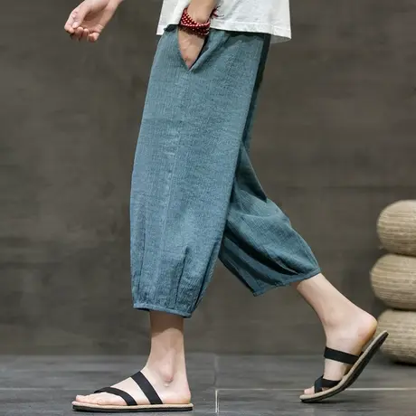 夏季新款七分裤男装冰丝抗皱透气中国风宽松休闲裤男大码半截裤商品大图