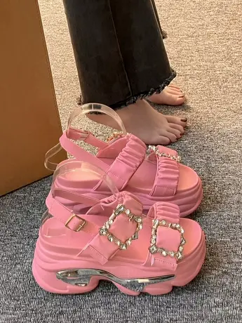 欧洲站松糕厚底9cm小个子增高女鞋2023夏季时尚方扣水钻露趾凉鞋商品大图