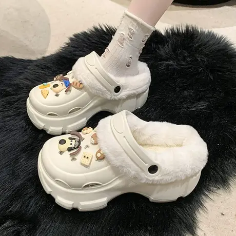 踩屎感厚底洞洞鞋女2023年秋冬季新款高颜值时尚舒适防滑毛毛拖鞋商品大图