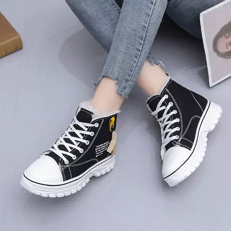 高帮女鞋2023年新款平底系带鞋加绒保暖大棉鞋厚底休闲运动老爹鞋商品大图