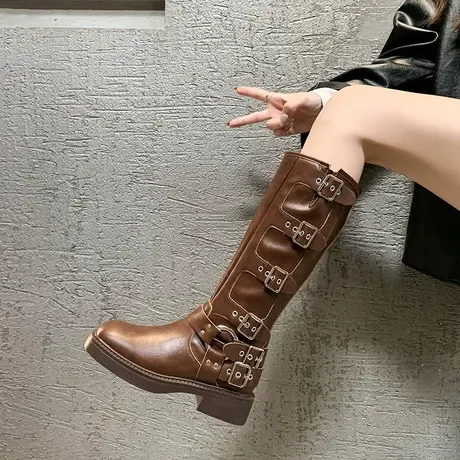 棕色不过膝长筒靴女复古金属皮扣西部牛仔靴法式厚底高筒骑士靴子图片