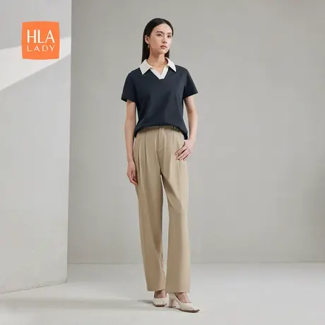 HLA/海澜之家商务通勤短袖Polo2024春夏新款时尚V领凉感女装图片