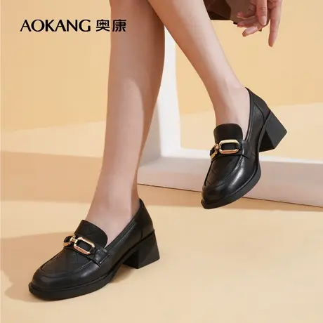【门店发货】奥康女鞋 2022秋季新款休闲皮鞋真皮单鞋粗跟舒适图片