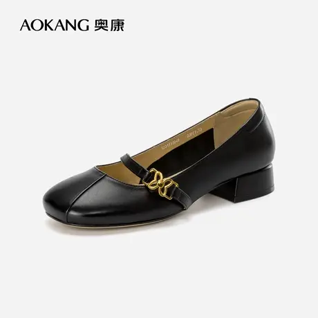 奥康女鞋舒适粗跟真皮单鞋时尚一脚蹬日常百搭优雅玛丽珍鞋夏季款图片