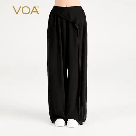 VOA桑蚕丝乔其纱墨黑自然腰口袋不对称设计活页双层真丝直筒长裤图片