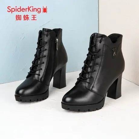 SPIDER KING/蜘蛛王时装靴女真皮2023冬商场新款中筒薄绒粗高跟软图片