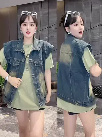 2023新款欧货复古POLO领牛仔马甲女气质百搭无袖宽松短款短袖外套商品大图