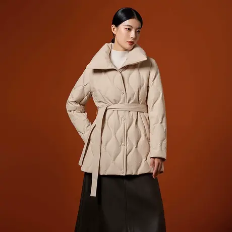 坦博尔2023年冬季新款羽绒服女商务短款鹅绒立领系带收腰休闲外套图片