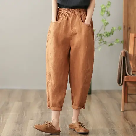 dza 高腰显瘦亚麻九分休闲裤女2023夏季新款萝卜裤纯色棉麻哈伦裤图片